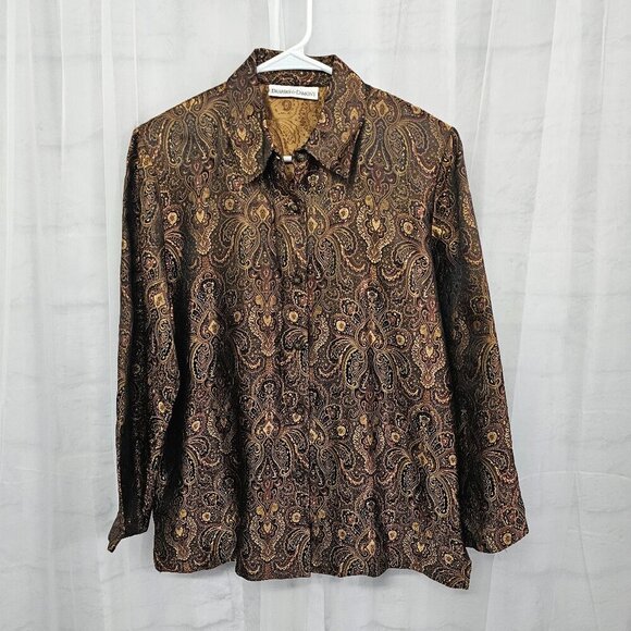 Vintage Drapers & Damons Blouse Brown Burgundy Jacquard Brocade Button-Down M - Picture 8 of 12